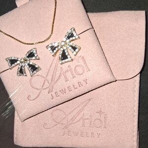 Gold Plated Jewelry Set Black and Silver Bow Earrings